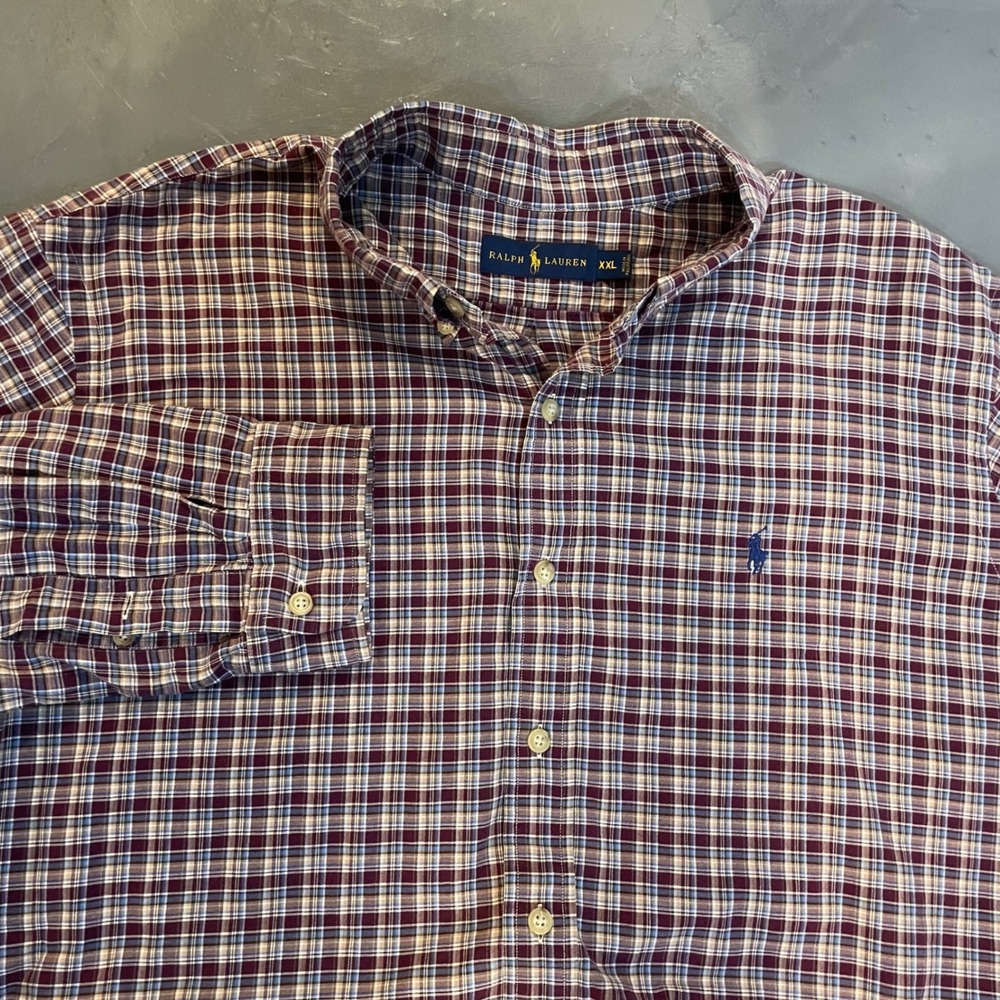 Ralph Lauren Mens XXL Plaid Button Down Shirt Burgundy Blue Long Sleeve Pony